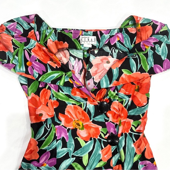 Vintage Ann Tjian For Kenar Petites Cotton Graphic Floral Off Shoulder Dress - Picture 3 of 10
